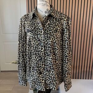Perceptions Woman Leopard Print‎ Button Down Shirt Sheer Sequins Womens 14W